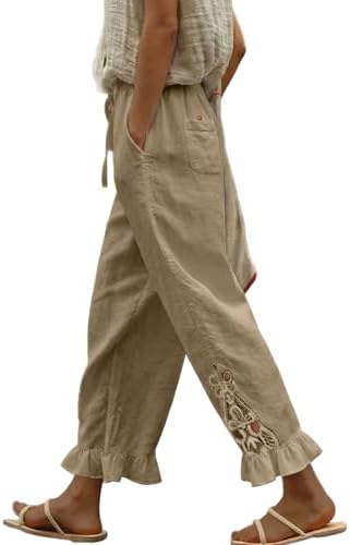 Beige Casual Linen Pants Lightweight Drawstring Elastic Waist