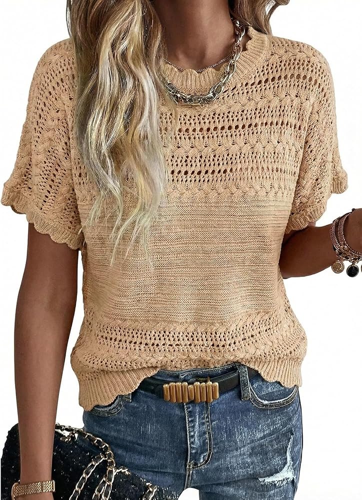 Beige Crochet Knit Sweater Crewneck Short Sleeve Top