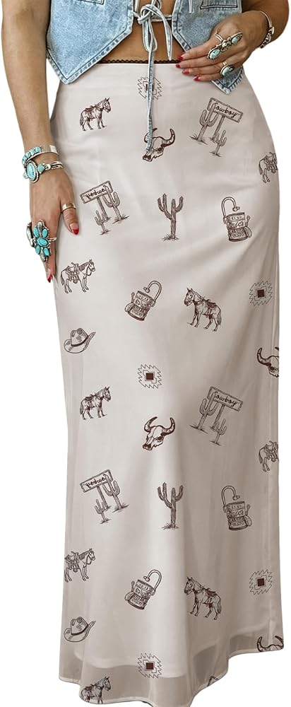 Beige High Waist Western Cowboy Print Mesh Boho Maxi Skirt