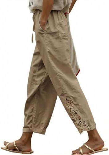 Beige Trendy Casual Linen Pants Lightweight Drawstring Elastic