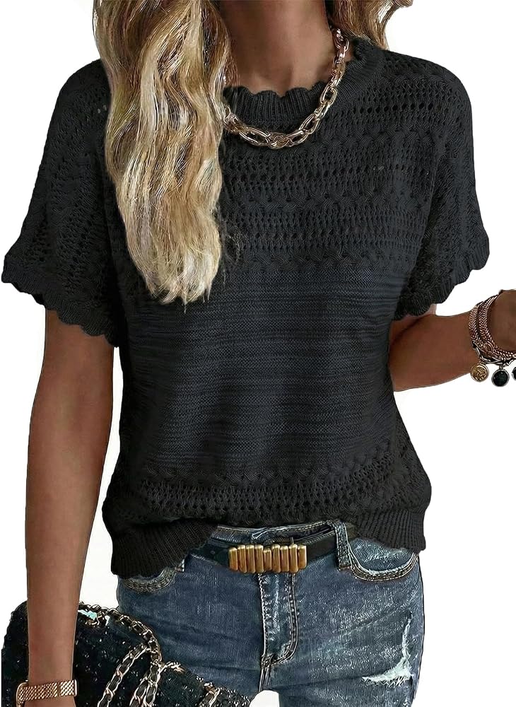 Black Crochet Knit Sweater Crewneck Short Sleeve Top