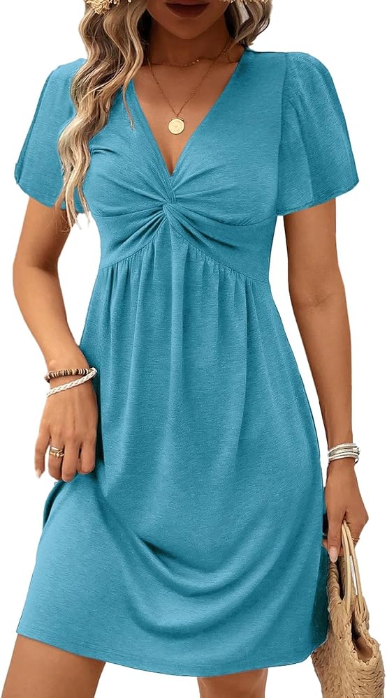 Black Twist V Neck Short Sleeve Mini Dress High Waist