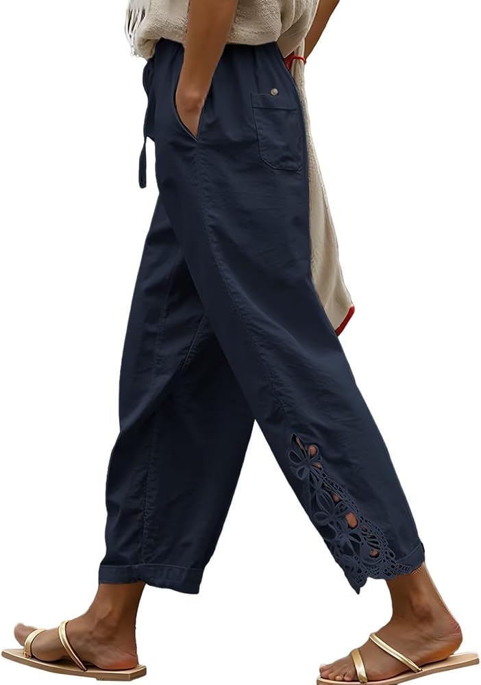 Blue Casual Linen Pants Lightweight Drawstring Elastic Waist Fall