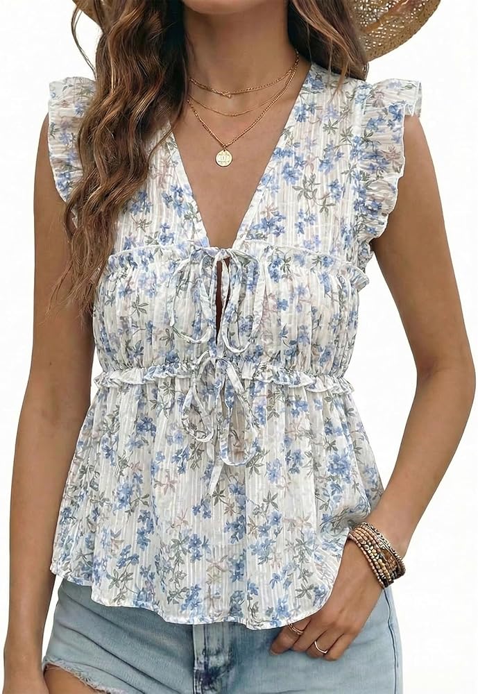Blue Trendy 2026 Summer Ditsy Floral V Neck Bow Tie Front Tops