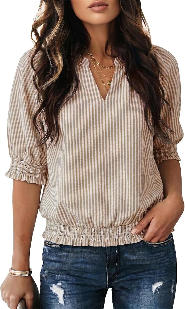 Brown Vertical Striped Short Puff Sleeve Blouse Trendy 2026