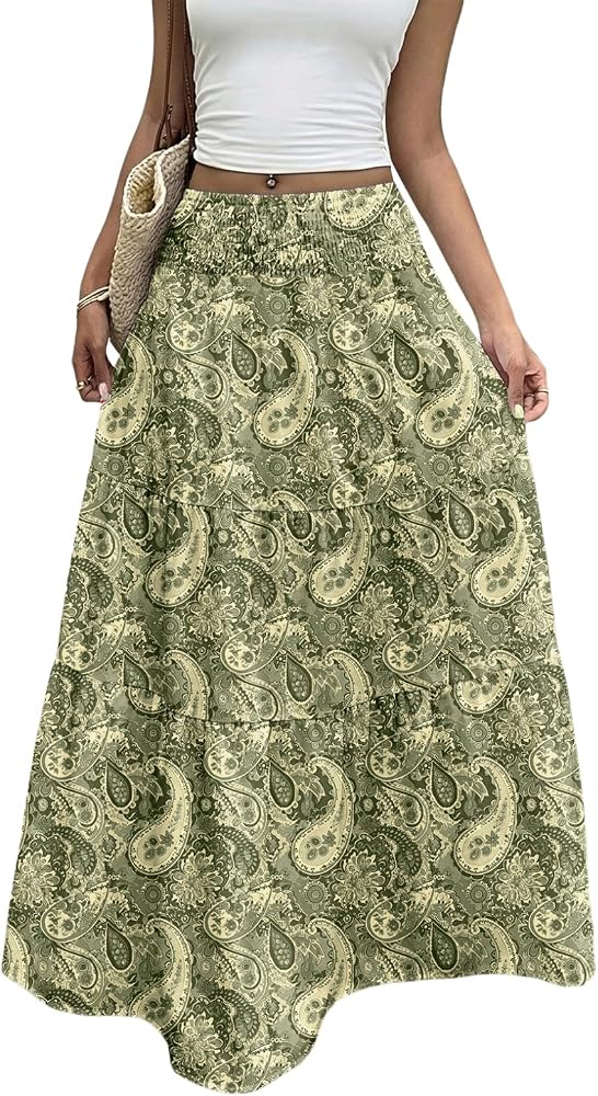 Green Boho Flowy Maxi Skirts