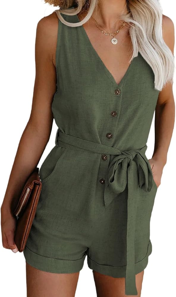 Green Casual Fashion 2025 V Neck Sleeveless Button Down Belted