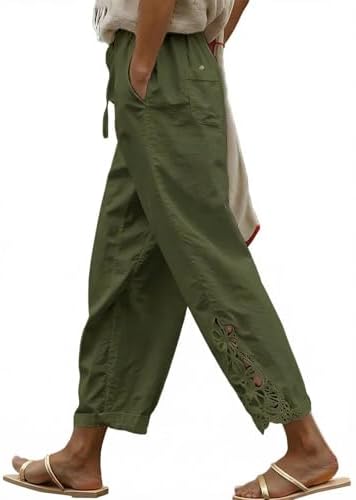 Green Casual Linen Pants Lightweight Drawstring Elastic Waist