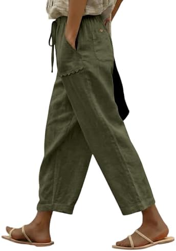 Green Casual Linen Pants Lightweight Drawstring Elastic Waist