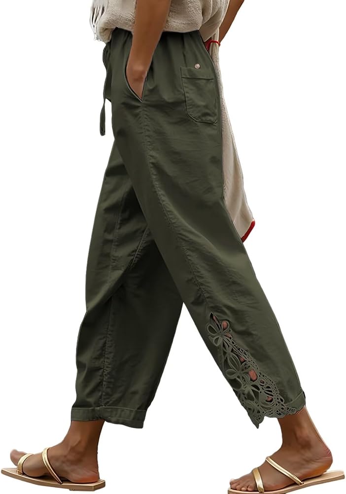Green Casual Linen Pants Lightweight Drawstring Elastic Waist