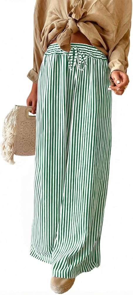 Green Casual Striped Drawstring High Waist Wide Leg Pants
