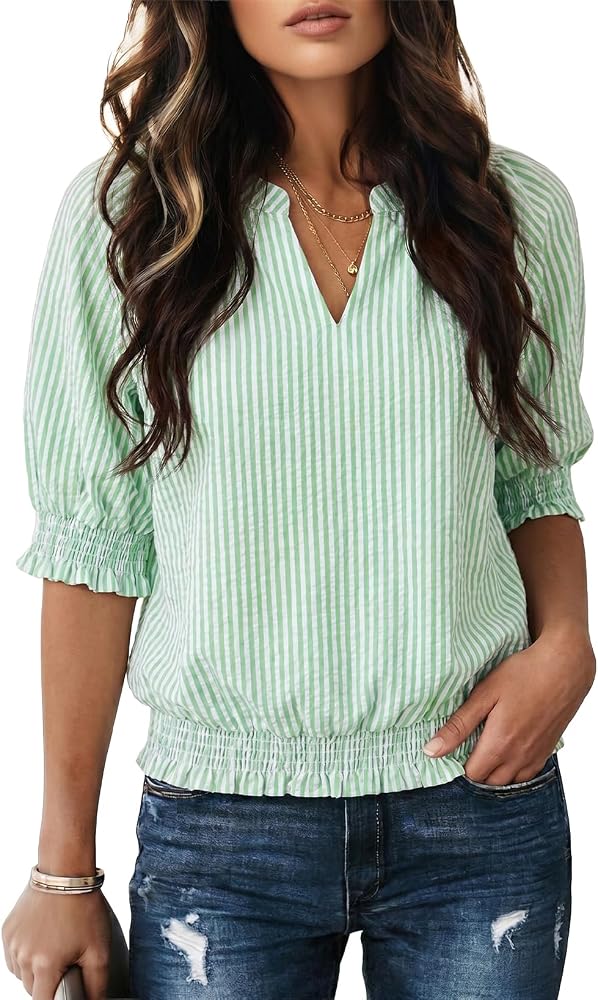 Green Vertical Striped Short Puff Sleeve Blouse Fashion 2026