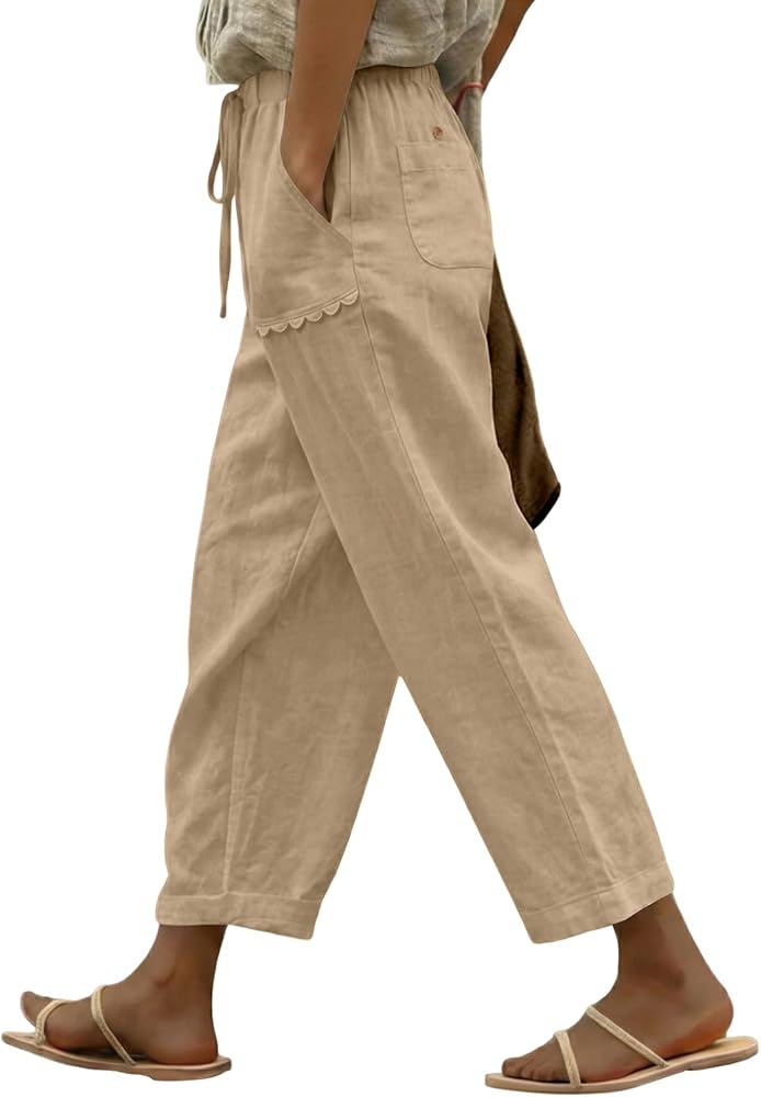 Khaki Casual Linen Pants Lightweight Drawstring Elastic Waist