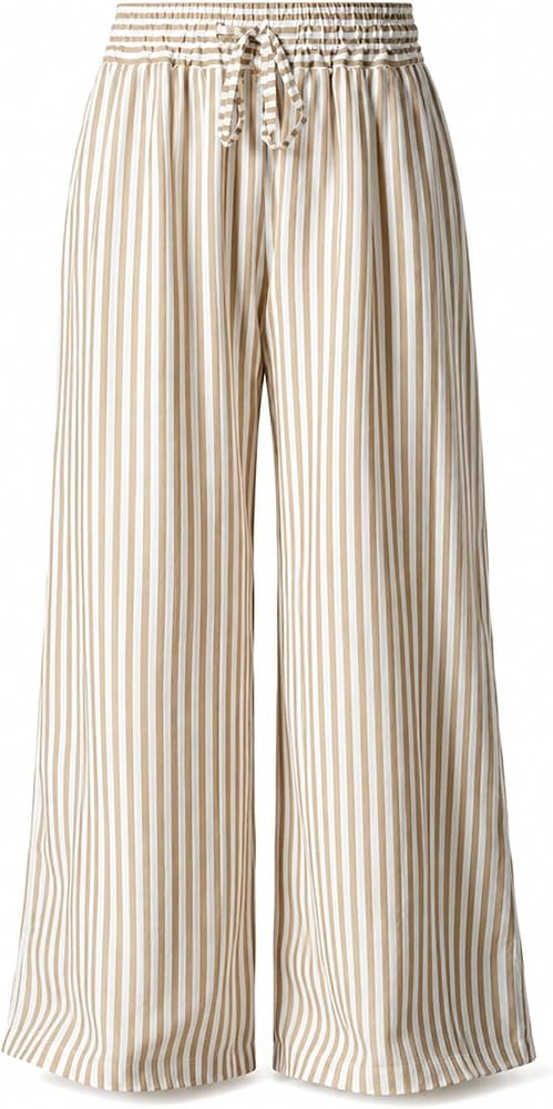 Khaki Casual Striped Drawstring High Waist Wide Leg Pants