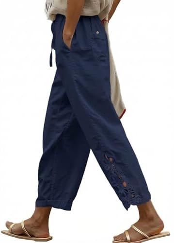 Navy Blue Casual Linen Pants Lightweight Drawstring Elastic Waist