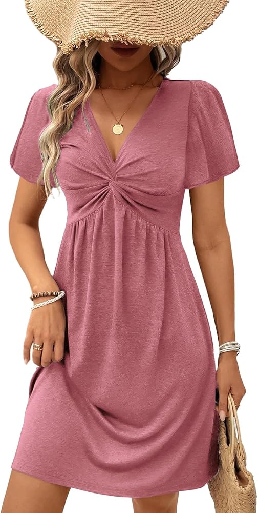 Pink Twist Front V Neck Short Sleeve Mini Dress High Waist