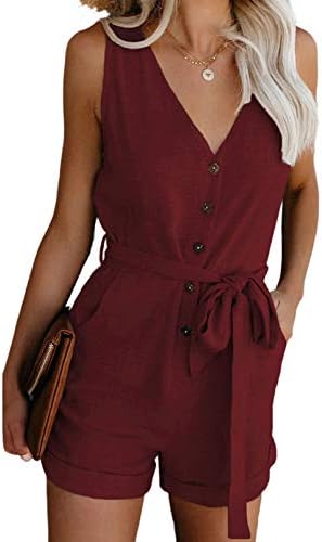 Red Casual Fashion 2025 V Neck Sleeveless Button Down Belted