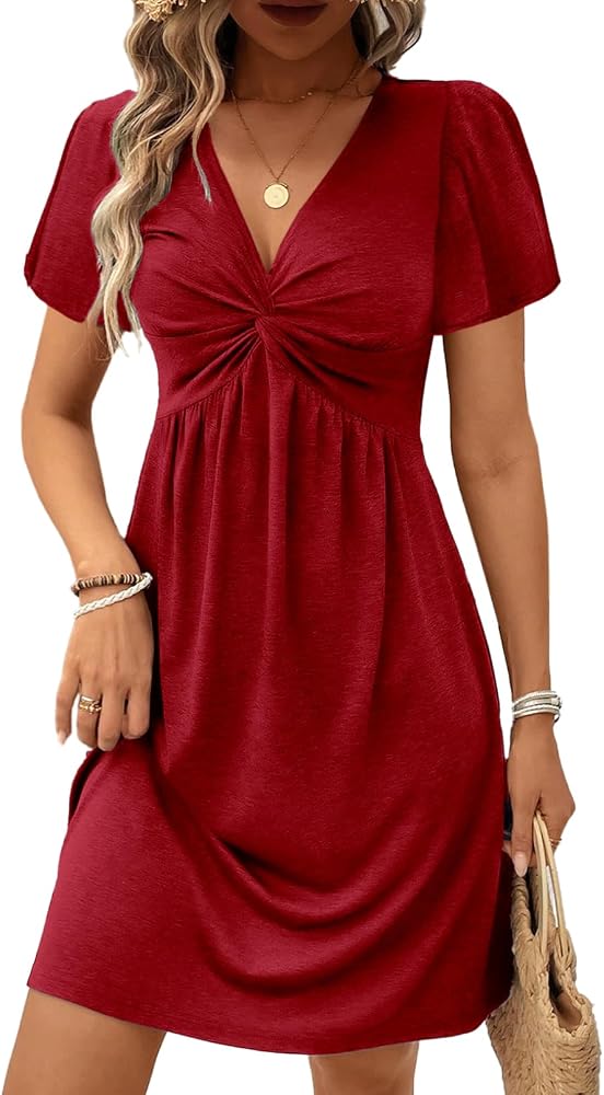 Red Twist Front V Neck Short Sleeve Mini Dress High Waist