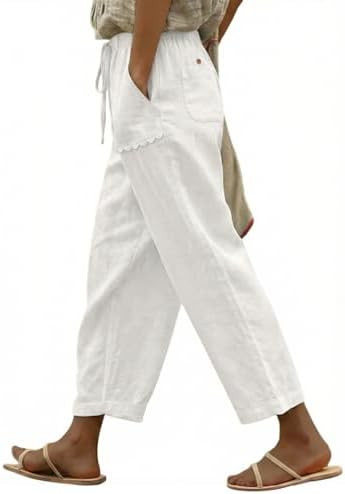 White Casual Linen Pants Lightweight Drawstring Elastic Waist