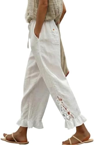 White Casual Linen Pants Lightweight Drawstring Elastic Waist