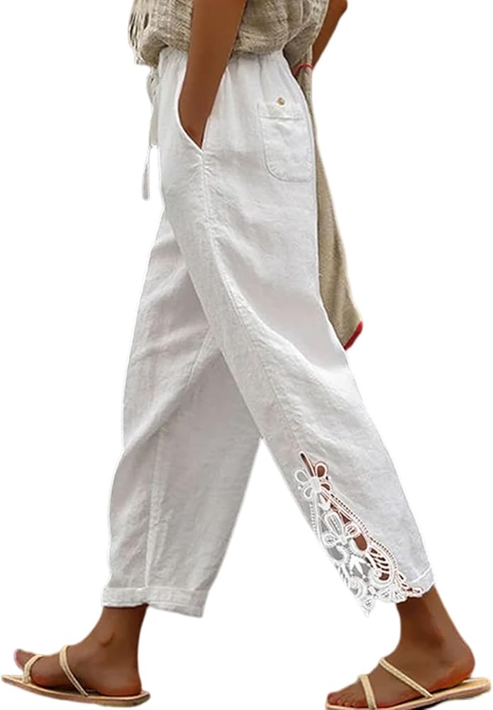 White Casual Linen Pants Lightweight Drawstring Elastic Waist